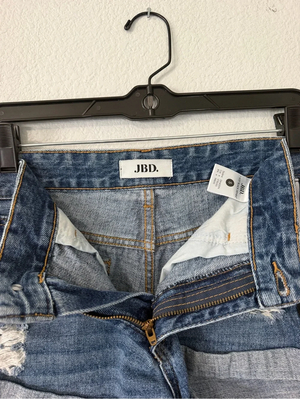 JBD High-Rise Distressed Denim Shorts in Blue with Stripe Detail size small